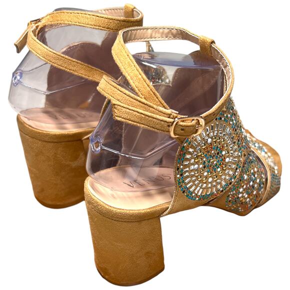 VENUS Womens 8 Tan Embellished Beaded Sandals Ankle Strap Block Heel - Picture 9 of 15